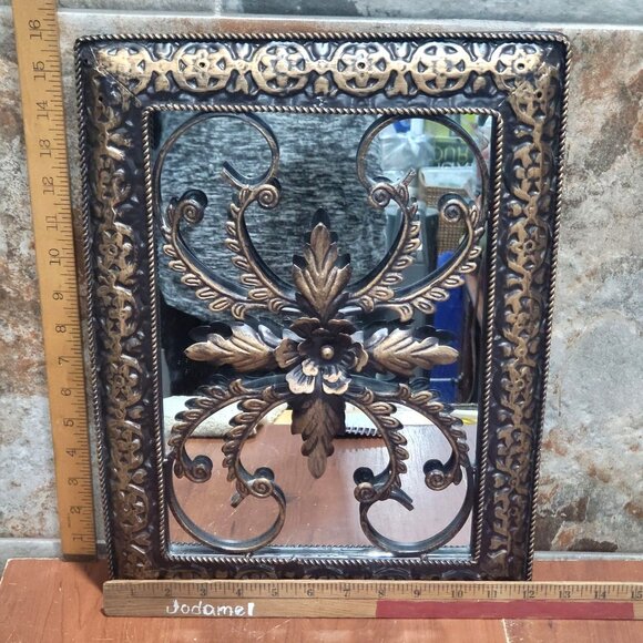 Wall Hanging Decor Mirror Metal Floral Pattern Overlay Wrought Metal Frame - Picture 10 of 13
